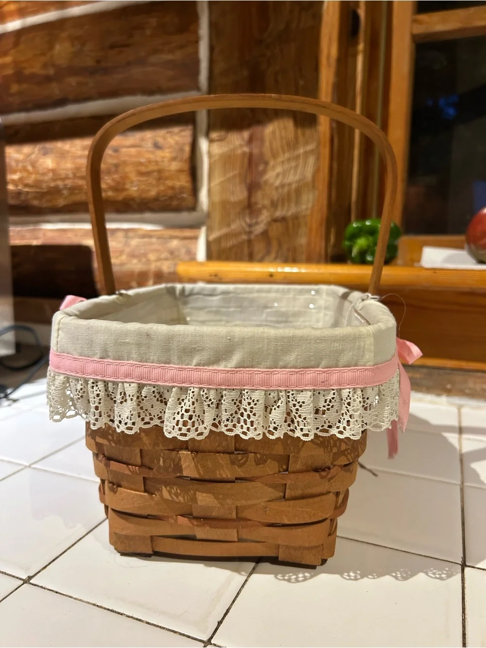 1988 Lonaberger Woven Wood Basket with Cream Liner and Pink Trim